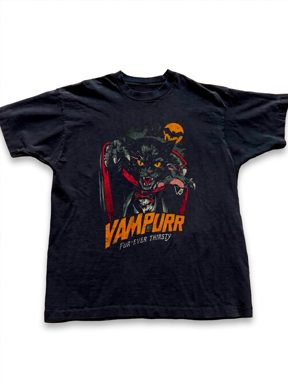 Vampurr Fur-Ever Thirsty Vampire Cat Retro Horror Black T-Shirt